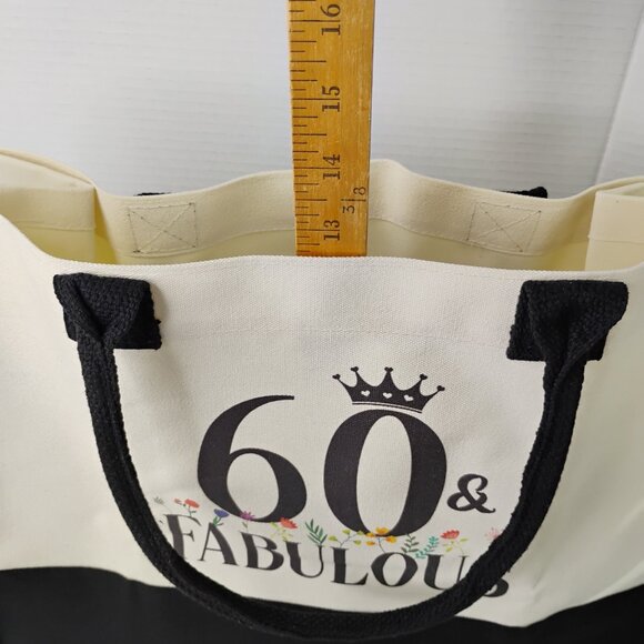 60 & Fabulous Canvas Tote Bag with Zipper Pouch & Ribbon – Black & Cream- NEW - Picture 8 of 16